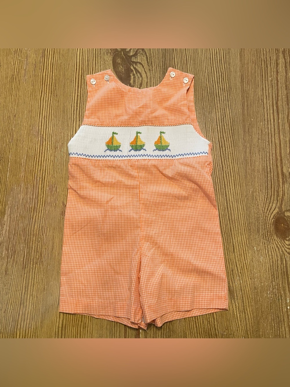 Vive La Fete Orange Gingham Smocked Sailboat Shortall